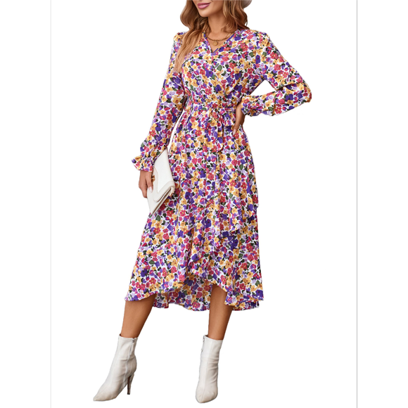 Women's Summer Floral Boho Wrap Long Sleeve V Neck Ruffle A-Line Flowy Wedding Guest Long Dresses Pink L