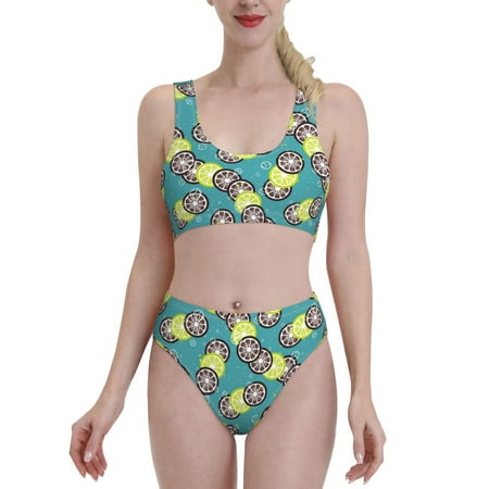 Bikini Sets For Women  Lemon Bubble High Waisted Bikini Sets Bathing Suit 2-Piece Drawstring Swimsuit