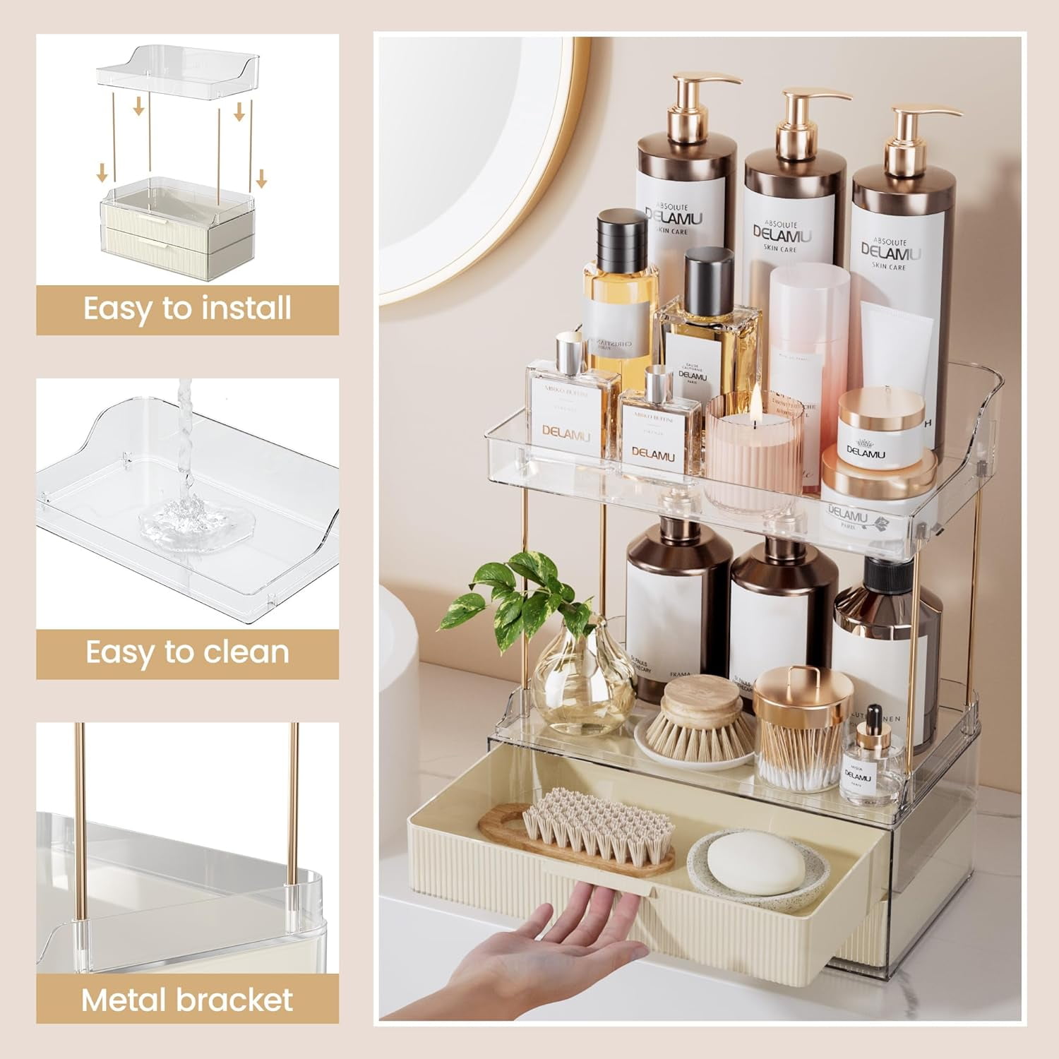 Delamu 2-Tier 2-Drawer Countertop Bathroom Organizer – Multi-Purpose Makeup & Skincare Vanity Storage with Golden Rods, Cream White Color, Exquisite Home Décor Organizer