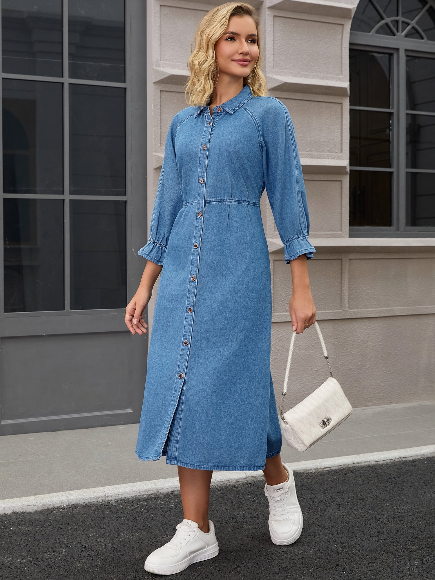 DARING DIVA Women's Ruffle 3/4 Sleeve Jean Button Down Shirt Dress L Blue