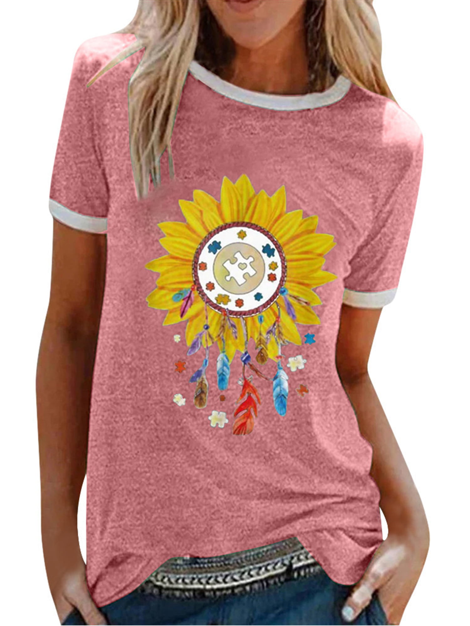 Avamo Ladies Casual Round Neck Daisy Printed T Shirts Tops Women Summer ...