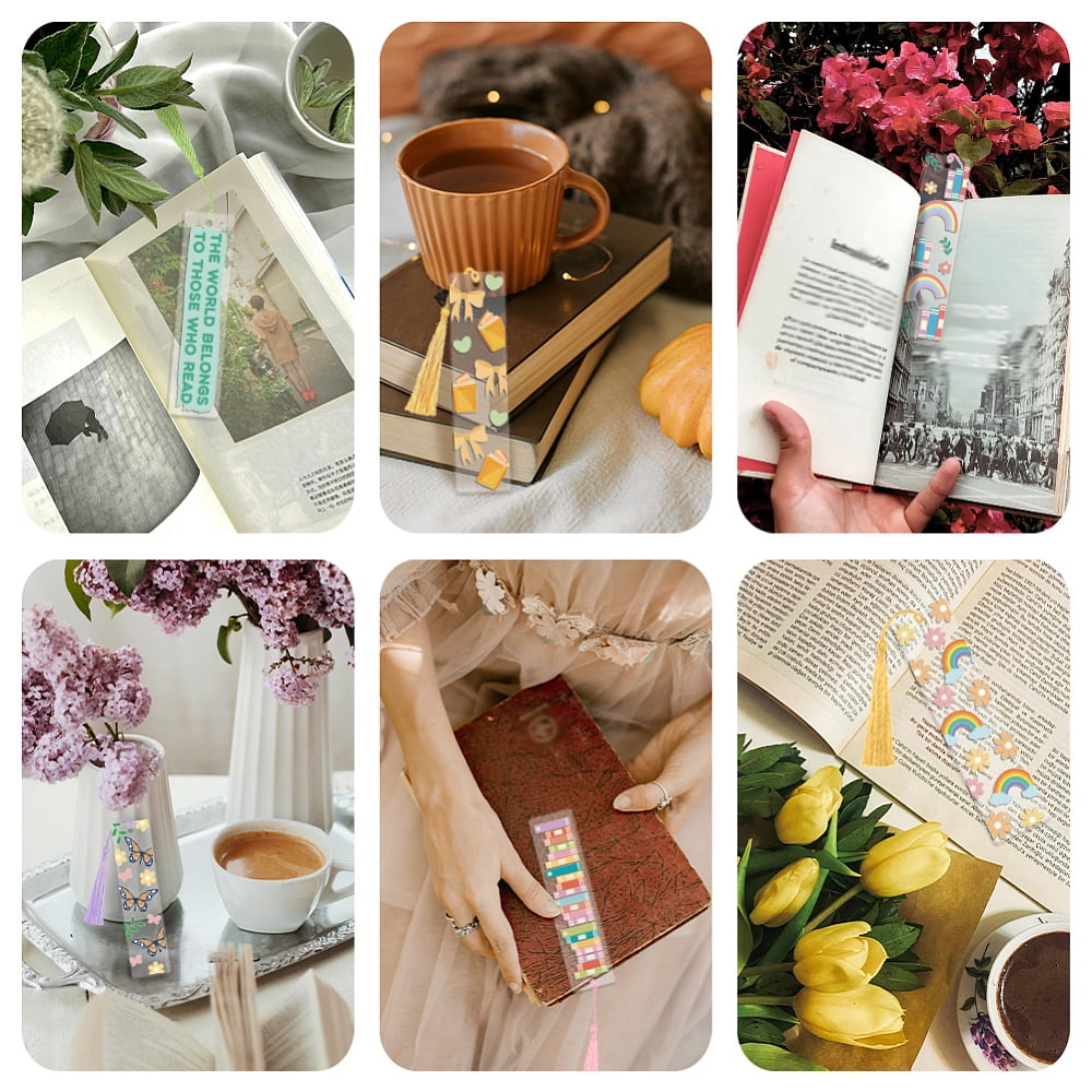 DIY Mixed Pattern Paper Bookmarks Making Kits with Plastic Stickers Acrylic Bookmark Polyester Tassel Mixed Color 120x30mm DIY