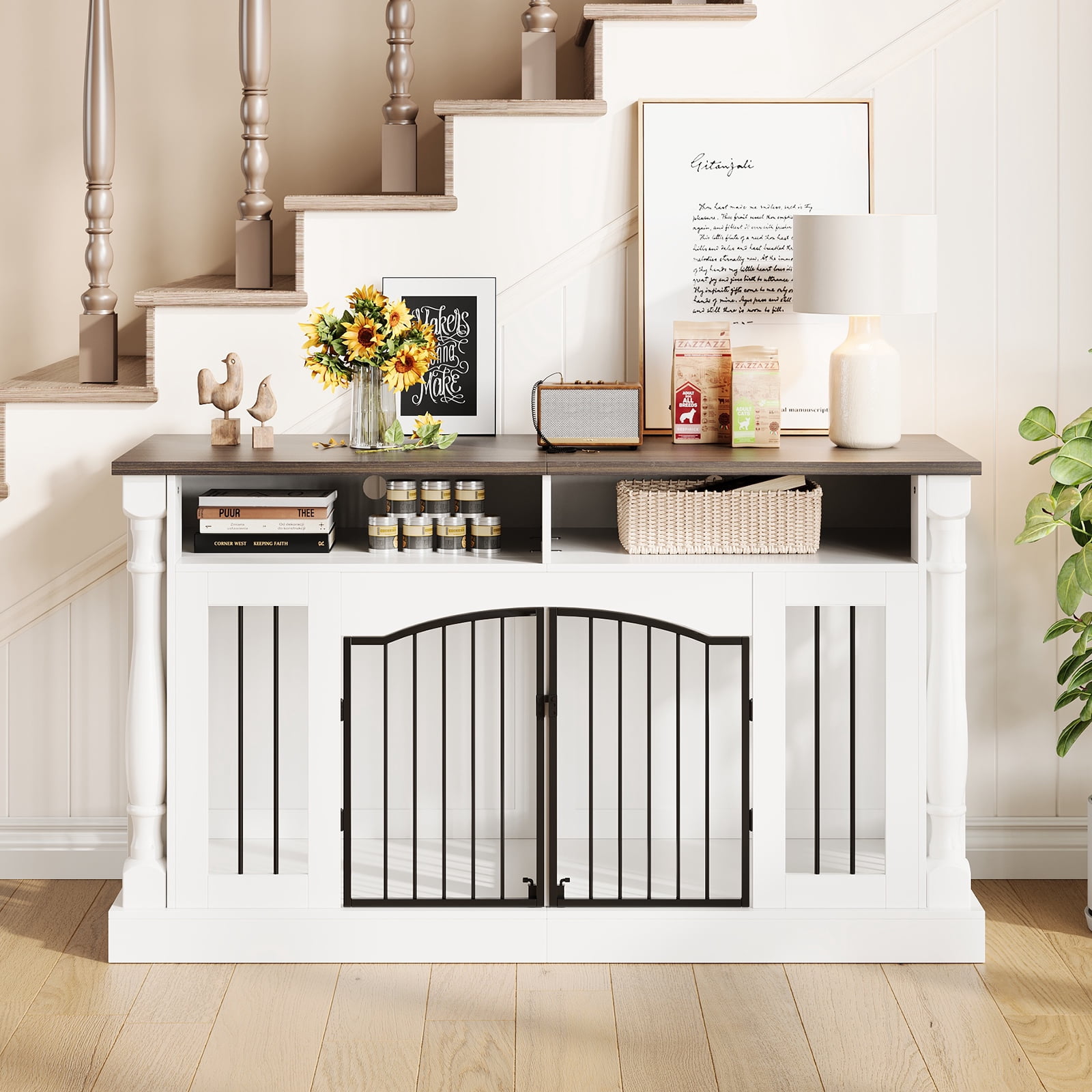Heavy Duty Double Dog Crate Furniture for 2 Small & Medium Dogs - 63" Roman Column Wooden Kennel with Semi-Open Storage, TV Stand Table, Double Sliding Barn Doors - Natural Wood Finish