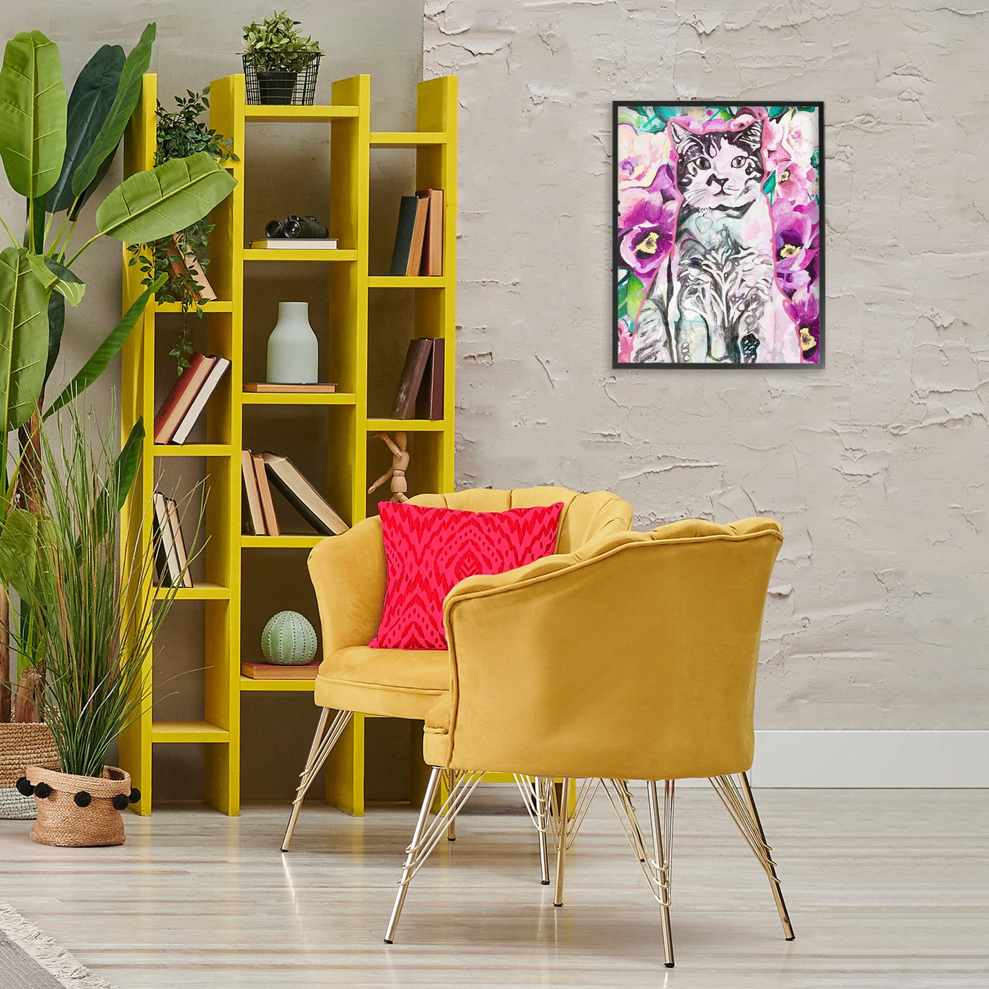 Stupell Industries Kitty Among Flowers Animals & Insects Painting Black Framed Art Print Wall Art, 16 x 20
