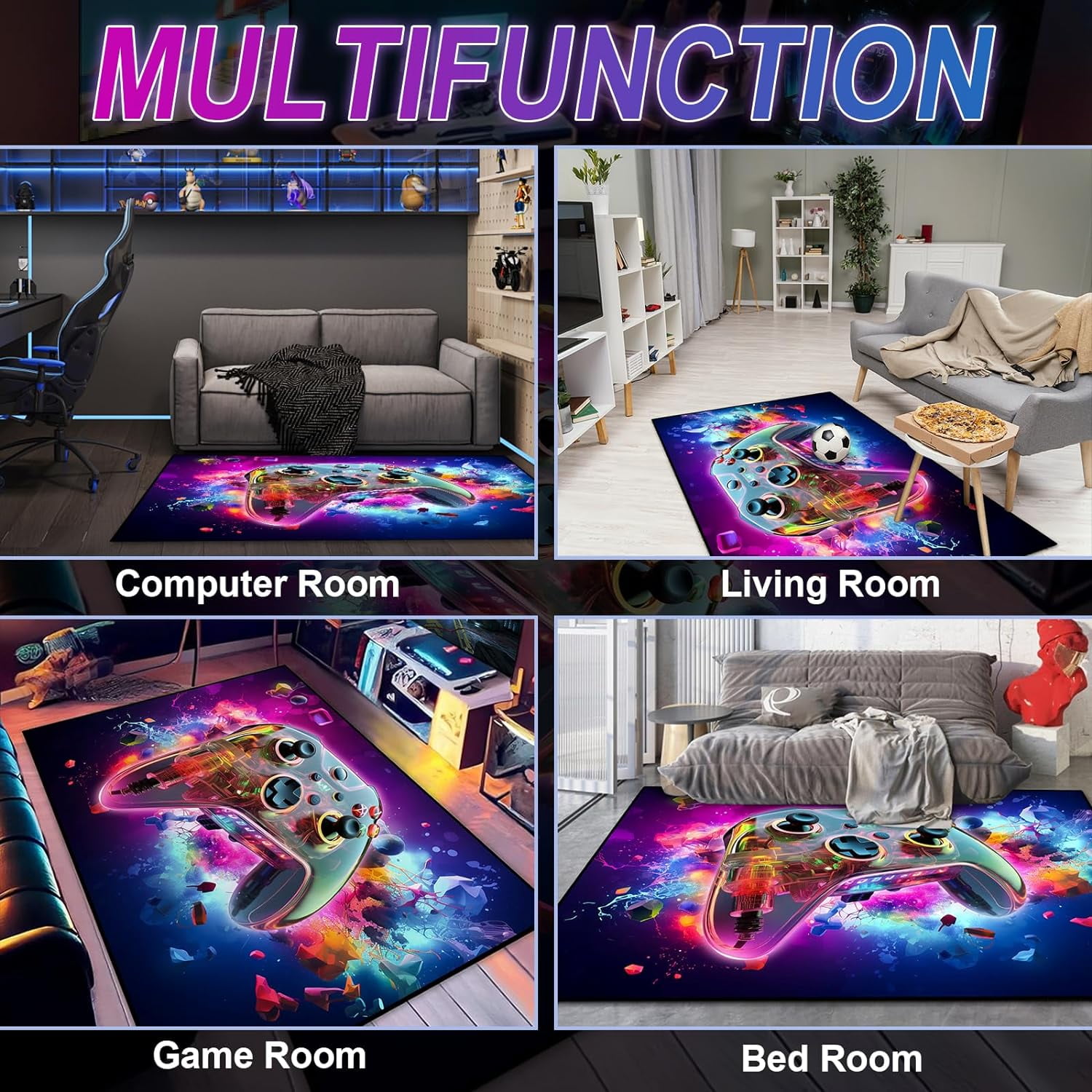 Gaming Area Rug Teen Boys Carpet, 3D Transparent Gamepad and Colorful Bomb Background Game Controller Design for Game Room, Gaming Room, Boys Girls Bedroom Playroom, Living Room (63" x 47")