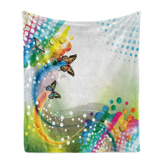 Colorful Soft Flannel Fleece Throw Blanket, Trippy Flying Butterflies with Colored Comet Bubbles Creative Design, Cozy Plush for Indoor and Outdoor Use, 70" x 90", Multicolor, by Ambesonne