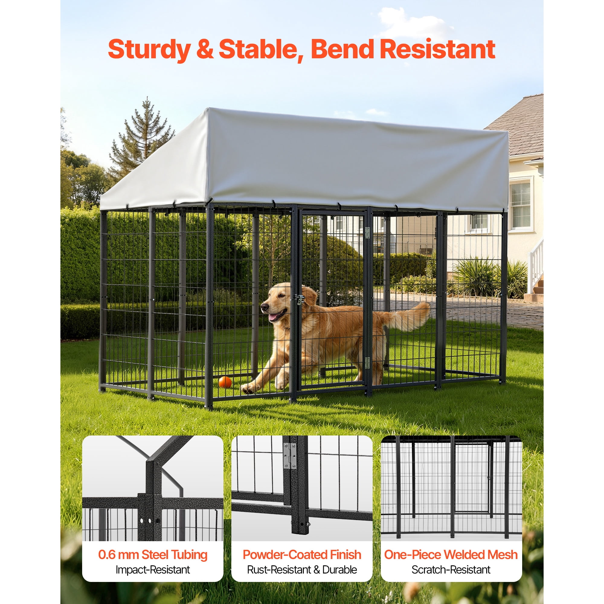 KFFKFF Outdoor Dog Kennel, 7.87 x 3.94 x 5.4 ft Spacious Pet Enclosure with Secure Lock, Weather-Resistant Roof Cover, Durable Metal Cage for Large Dogs