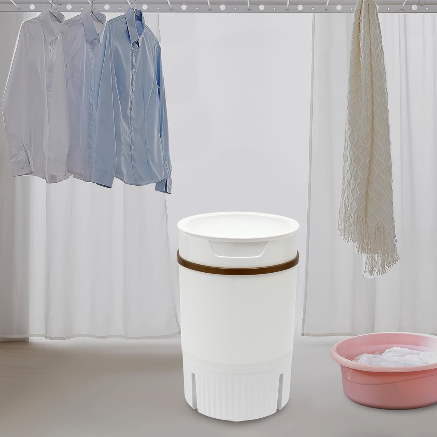 Mini Portable Washing Machine with Removable Dehydration Basket Cleaning of Underwear Clothes 1.19gal Folding Washer for Apartments Camping RV Travel Laundry (White)