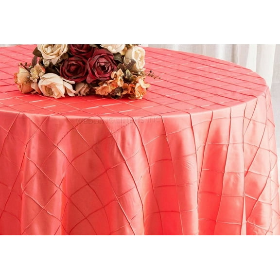 Wedding Linens Inc. 132" Pintuck Taffeta Round Linen Tableccloth for Party Wedding Reception Catering Dining Home Table Cover Linens - Coral