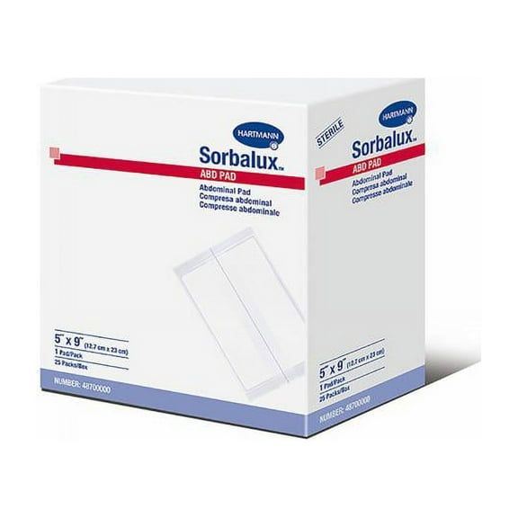 Sorbalux ABD Abdominal Pad, 1-Ply, 5 x 9 Inch, White, Sterile, 400 Count