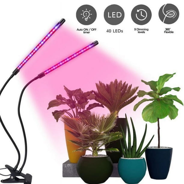 Lámpara de cultivo para plantas, nueva lámpara de cultivo de 2 cabezales, temporizador de encendido y apagado automático, luz LED para plántulas, suculentas y orquídeas.
