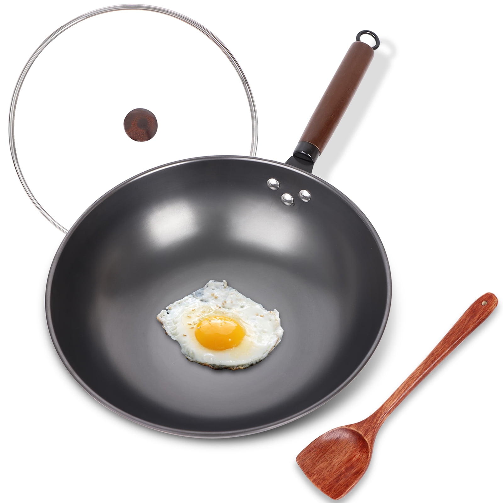 Carbon Steel Wok Pan with Lid and Spatula DIIG 13Inch Nonstick Woks