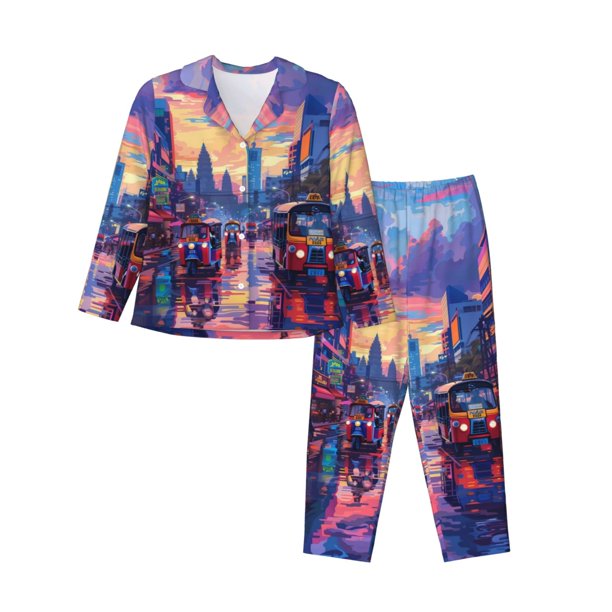 Fotbe Taxi Colorful Town Conjunto de Pijama de Manga Larga para Mujer con Estampado, Ropa de Dormir de 2 Piezas, Conjunto de Casa Suave y Cómodo con Bolsillos-X-Large