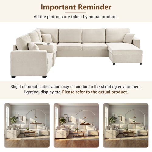 134" U-Shape Modular Sectional Sofa, 5-Seat Couch with Chaise Lounge, Deep Seat, Built-In Cup Holders, Storage Drawer and Pillows, Beige
