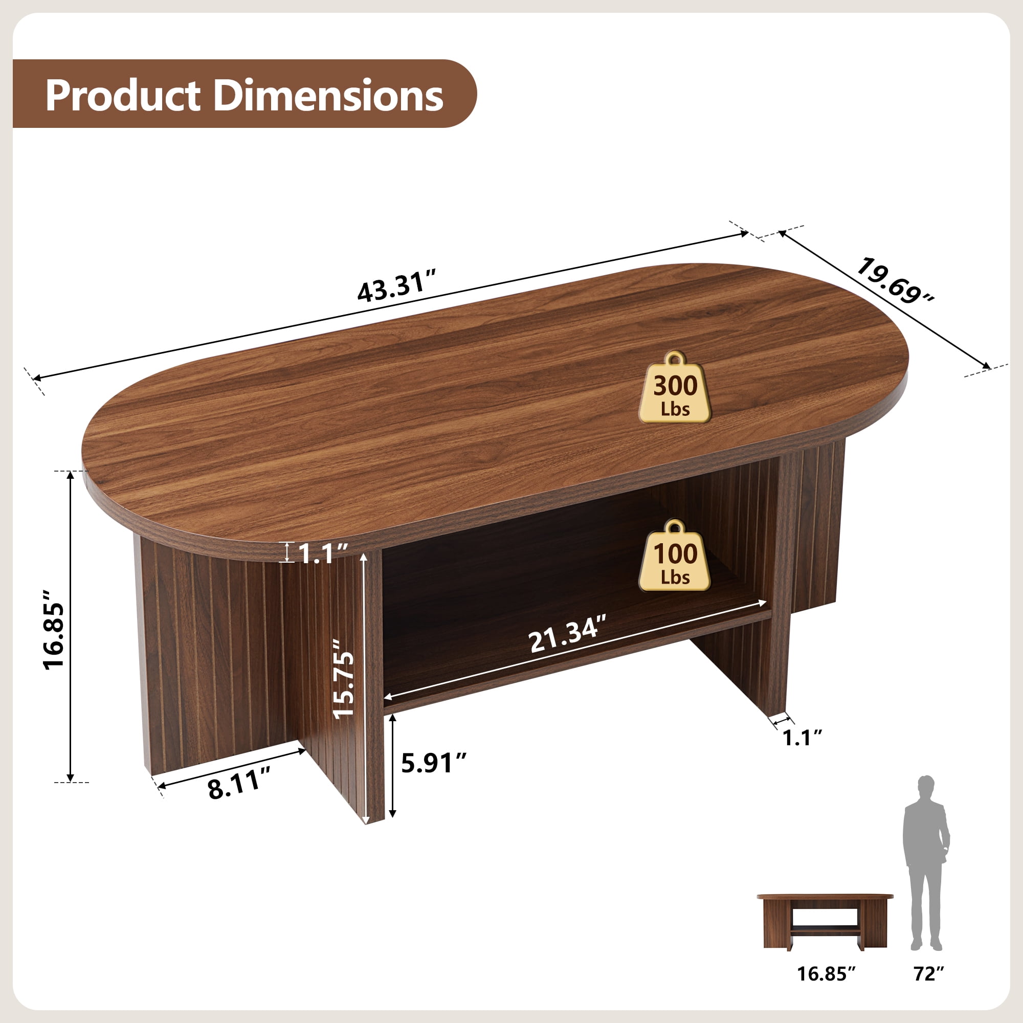 Wirrytor 43.3” Oval Coffee Table, Farmhouse Coffee Tables for Living Room Small, Fluted Coffee Table with Open Storage Shelf, Wood Center Table for 2-Tier Coffee Table, Walnut