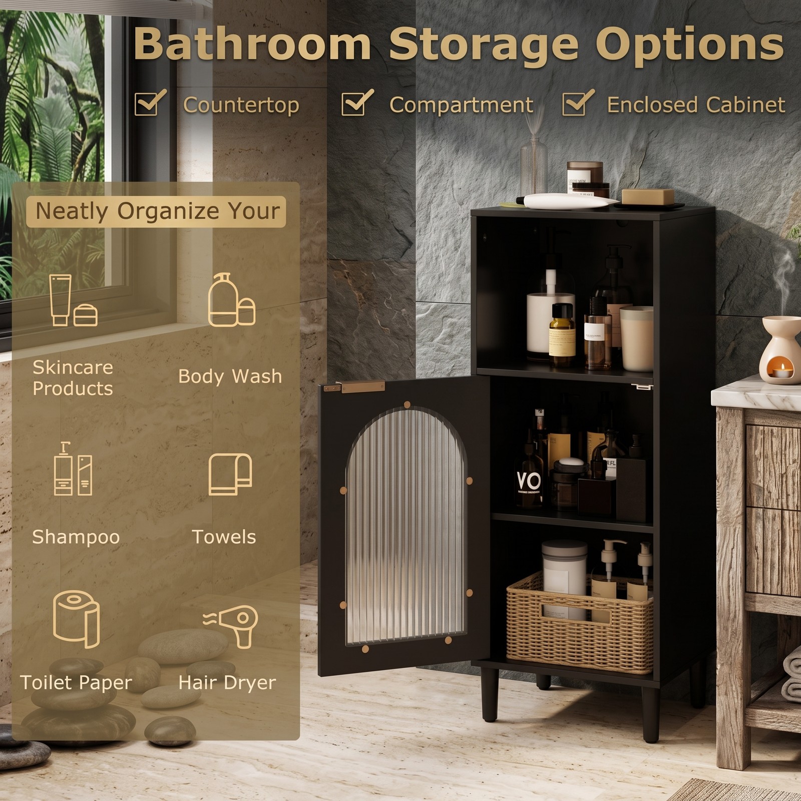 Fenbeli Bathroom Floor Cabinet, Freestanding Wood Side Storage Organizer Cabinet with Adjustable Shelf, Tempered Glass Door and Anti-Tipping Kit for Bathroom, Black