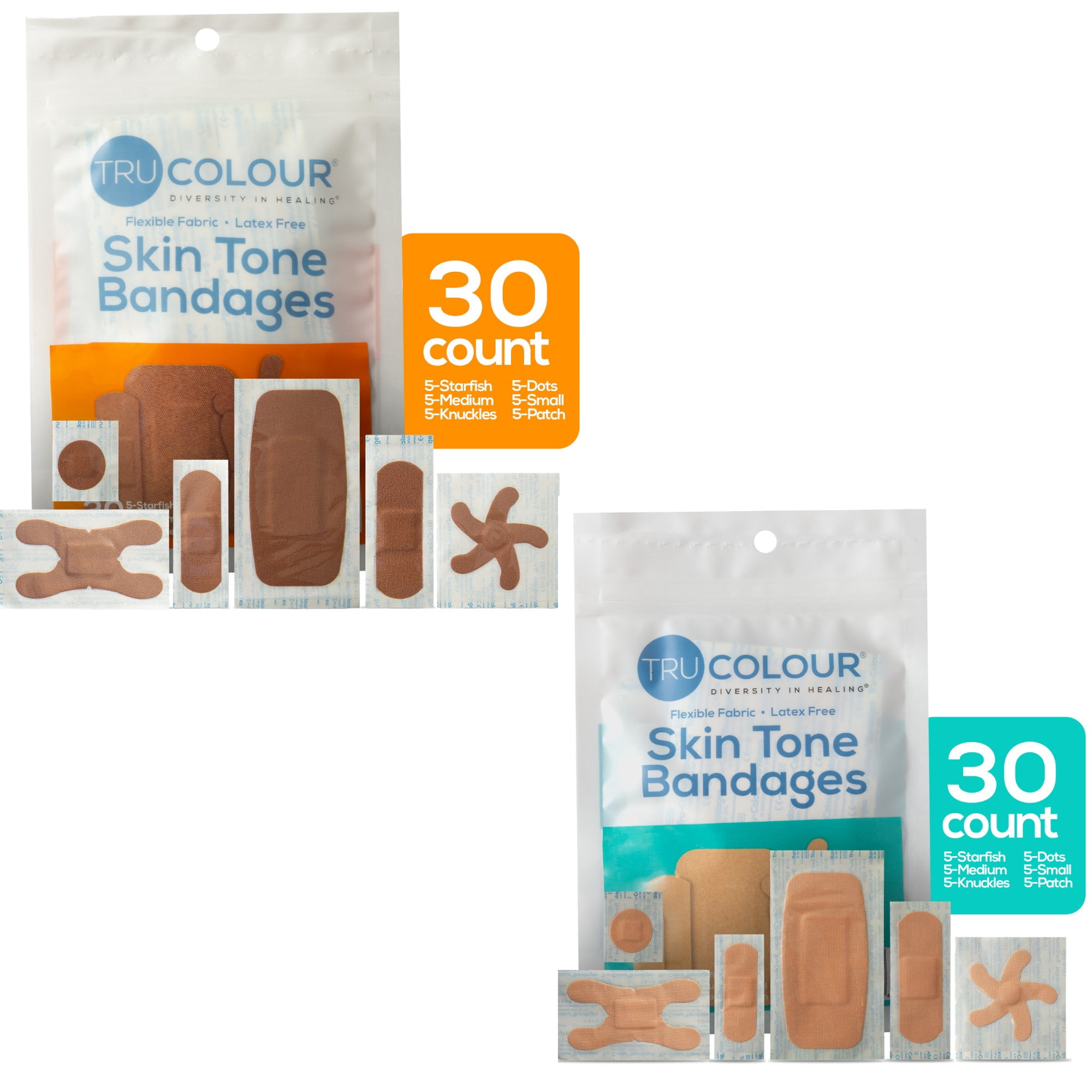 Tru-Colour Skin Tone Bandages Variety Pack, Flexible Fabric Adhesive Strips, 4 Pack