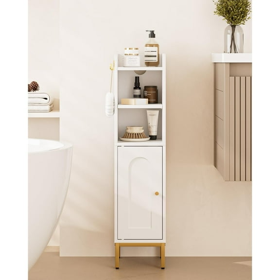 Bathroom Storage Cabinet, Small Corner Floor Hutch with Door and Adjustable Shelves, Narrow Toilet Paper Cabinet with Two Hooks, Bathroom Organizer for Small Spaces