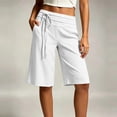 thumbnail image 2 of AHTJRT Tie Side Capri Pants for Women High Waist Knee Length Stretchy Breathable Summer Wide Leg Cotton Linen Capris with Pockets White M, 2 of 10
