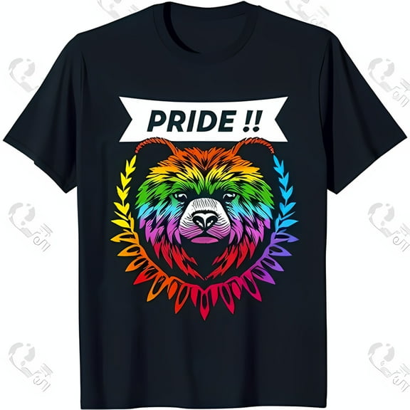 Bold Black T-Shirt with Rainbow Bear Head Design & 'PRIDE ' Text