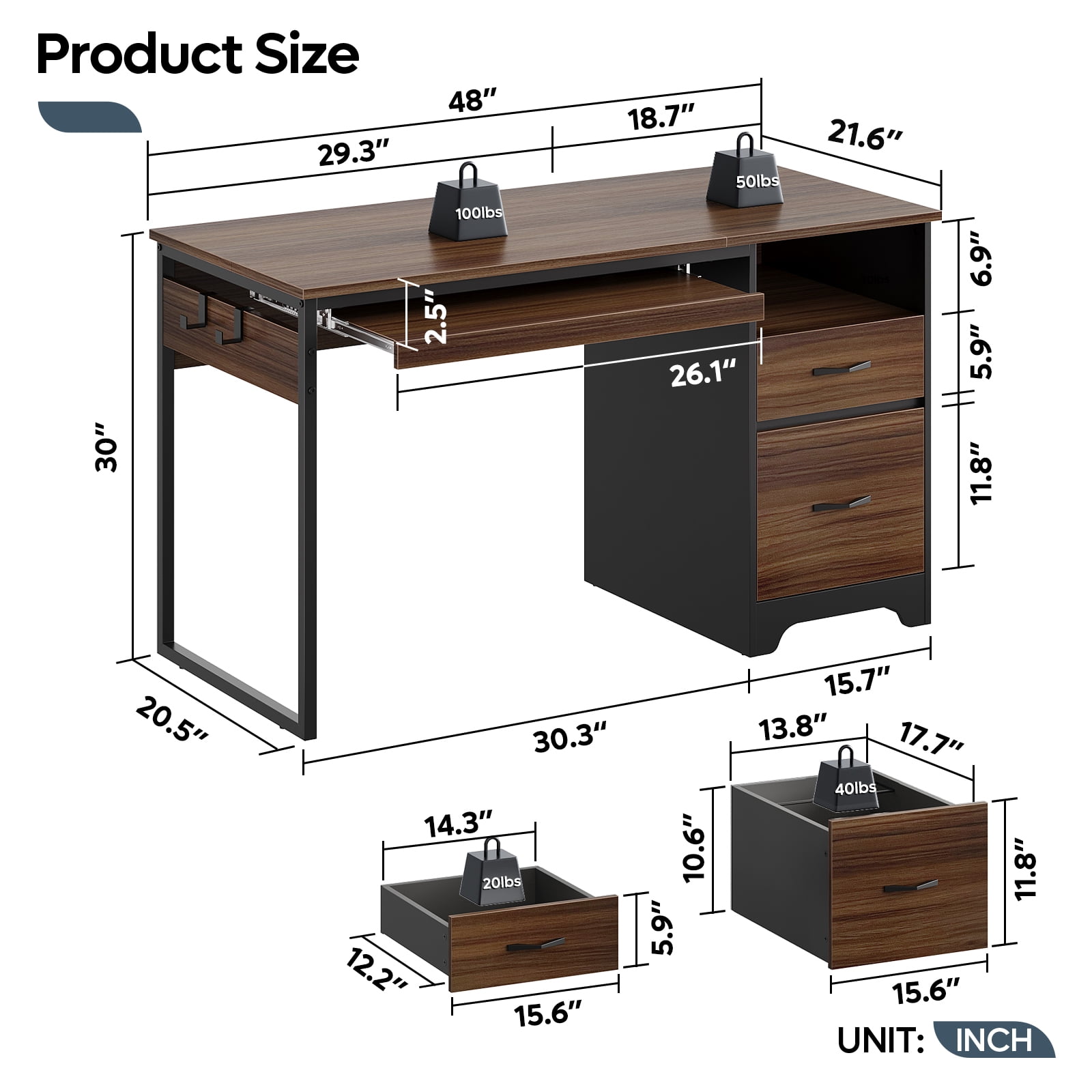 Bestier 48” Office Desk with Drawers, Computer Writing Desk with Keyboard Tray & 2 Hooks for Home Office, Cherry