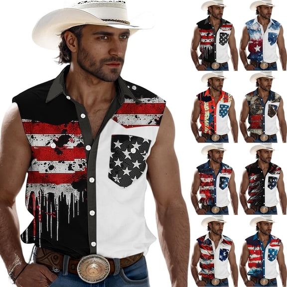 Dresfit Independence Day Tank Tops for Men Lapel Sleeveless Cowboy Shirts 2026 Summer Usa Flag Graphic Shirt Button Down Big and Tall 4th Of July Tees White 5XL
