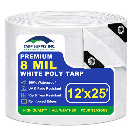TARP SUPPLY Inc. 12 x 25 White Poly Tarp &ndash; 8 Mil Waterproof Tarpaulin with UV Protection | Aluminum Grommets & Reinforced Edges | for Party Tents Boat Covers RVs Farm Use & Outdoor Shelter