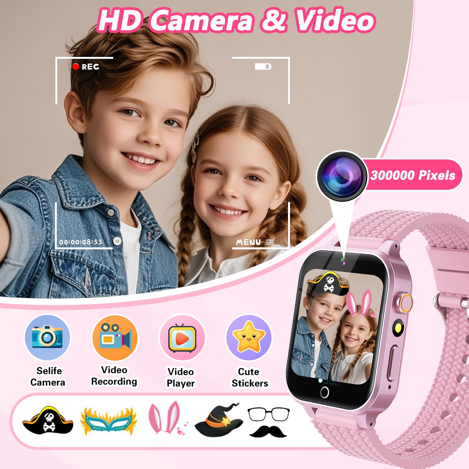 Smart Watch for Kids Girl Gift Ages 3-12, 2 Screen Protector, 26 Puzzle Games, HD Camera Video Music Player Touchscreen Pedometer, Educationtal Toy Brithday Gifts for Girl Ages 4 5 6 7 8 9 10(Pink)