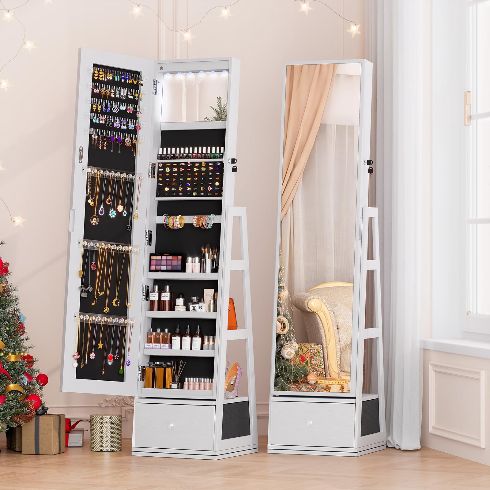 5 in 1 Standing Jewelry Armoire with LED Lights, 360° Swivel Jewelry Cabinet Organizer with Drawer & Full Length Mirror, White