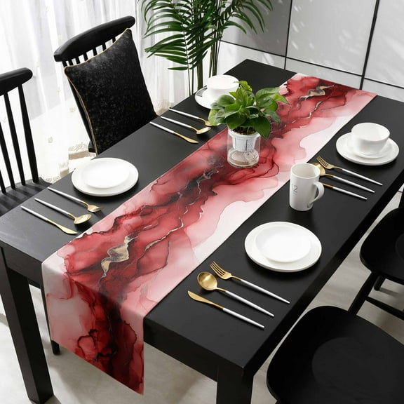 Red Marble Cotton Linen Small Table Runner 13 x 48 inch Modern Ombre Abstract Ink Painting Art Non-slip Rectangular Dining Table Decor for Wedding Party Holiday Dinner