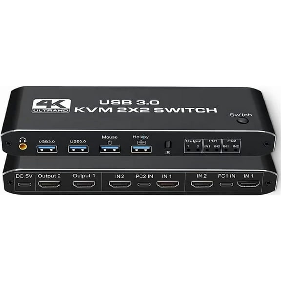 Zecamin 2 in 2 Out USB 3.0 KVM Switcher Selector Box, 4K HDMI 2.0 KVM USB Switch HDMI 2.0 x 4,USB-C x2, USB 3.0 x 4 Input Port with Keyboard Hotkey