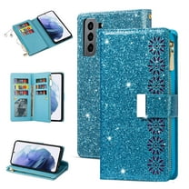 Dteck Galaxy S21 Wallet Case, Bling Sparkle Glitter PU Leather Magnetic Flip Case with Credit Card Slots/Hand Strap for Samsung Galaxy S21, Light Blue