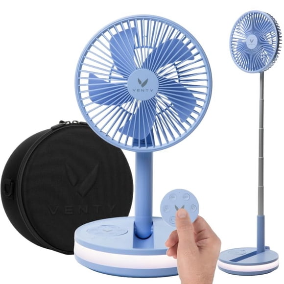 Ventilador portátil original VENTY - Ventilador inalámbrico a batería con 4 velocidades, iluminación LED, estuche de transporte y control remoto - Ventilador recargable de viaje premium y banco de ene