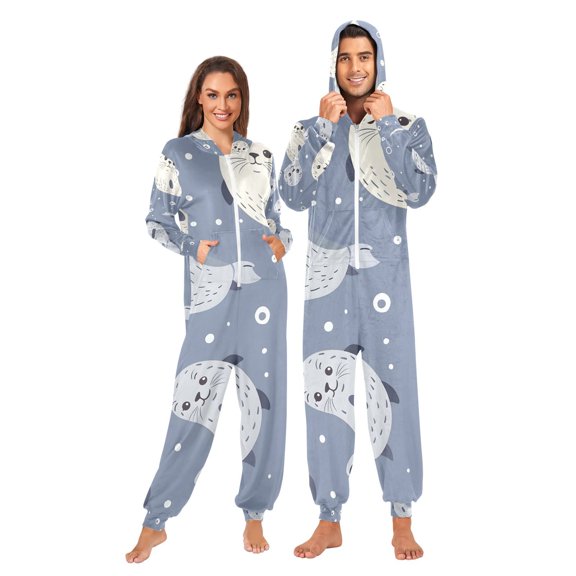 Many Seals Adult Onesie Pajamas Slim Fit Christmas One Piece Suit Pjs for Women and Men Hooded Zipper