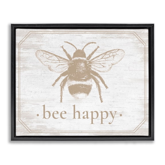 Bee Happy with Rustic Border Black Framed Floater Canvas Wall Art, design by Lettered and Lined