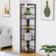 thumbnail image 5 of Tall Rustic Corner Shelf Stand, 5 Tier Wood and Metal Corner Bookshelf, Farmhouse Standing Corner Shelving Bookcase for Living Room, Kitchen, Small Space (Dark Grey Oak), 5 of 6