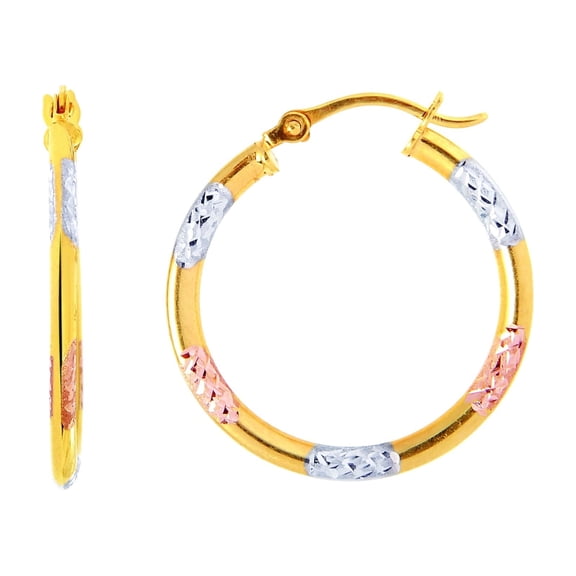14K Yellow, Rose & White Gold Shiny Diamond Cut Tri-Color Super Liteweight Hoop Earrings by IcedTime