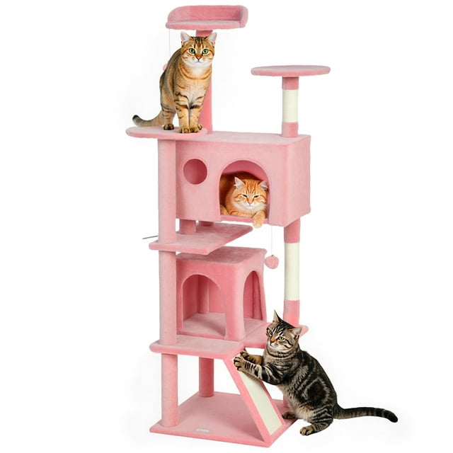 PawHut Arbre à Chat de 54 Pouces avec Poteaux à Griffer, Condos pour Chats, Rose