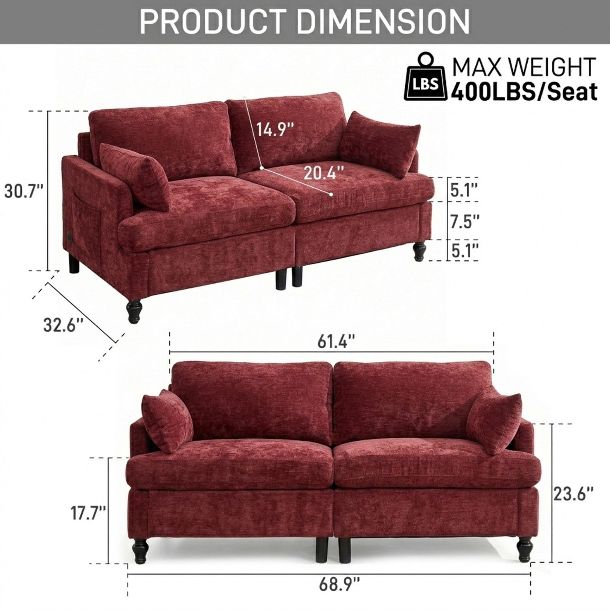 Sailvan 68.9" Modern Loveseat Sofa,Comfy Chenille 2-Seat Couch with LED Lights & USB Ports,Small Cloud Couch for Living Room,Apartment,Red