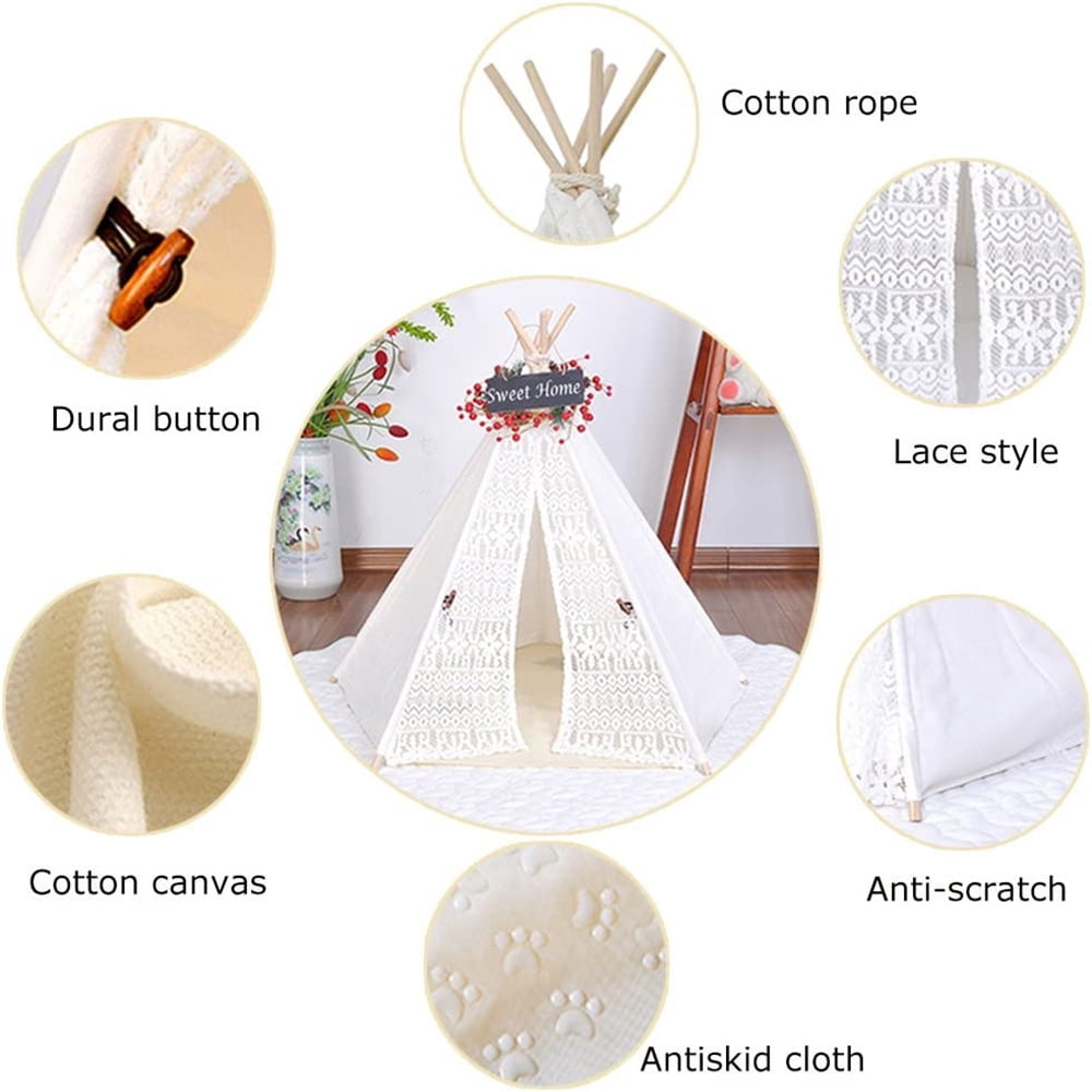 DEWEL Pet Teepee Tent, Portable Washable Play House for Dogs & Cats, Lace Style Pet Bed