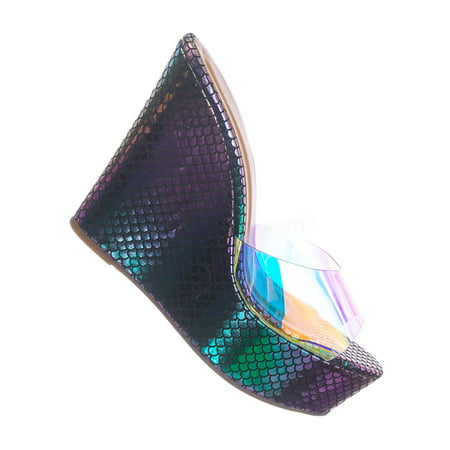 Choice40 by 7, Lucite Clear Platform Wedge Sandal - Cork & Hologram Snake