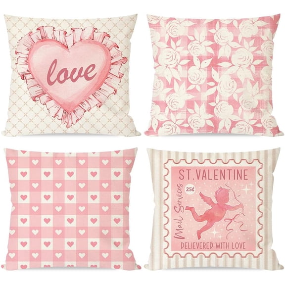 Valentines Pillow Covers 18X18 Inch Set of 4 Ruffled Heart Love Stamp Cupid Rose Pink Valentines Day Decorations Outdoor Cottagecore Decorative Throw Pillow Cases for Couch Home Decor