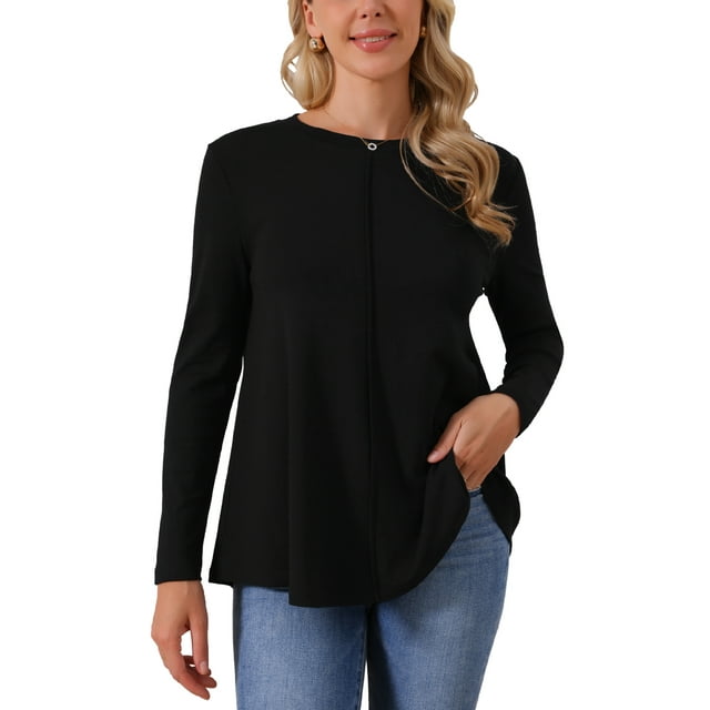 Camiseta de manga larga de cuello redondo para mujer INSPIRE CHIC, cómoda y elegante, ideal para uso diario casual, talla M, color negro