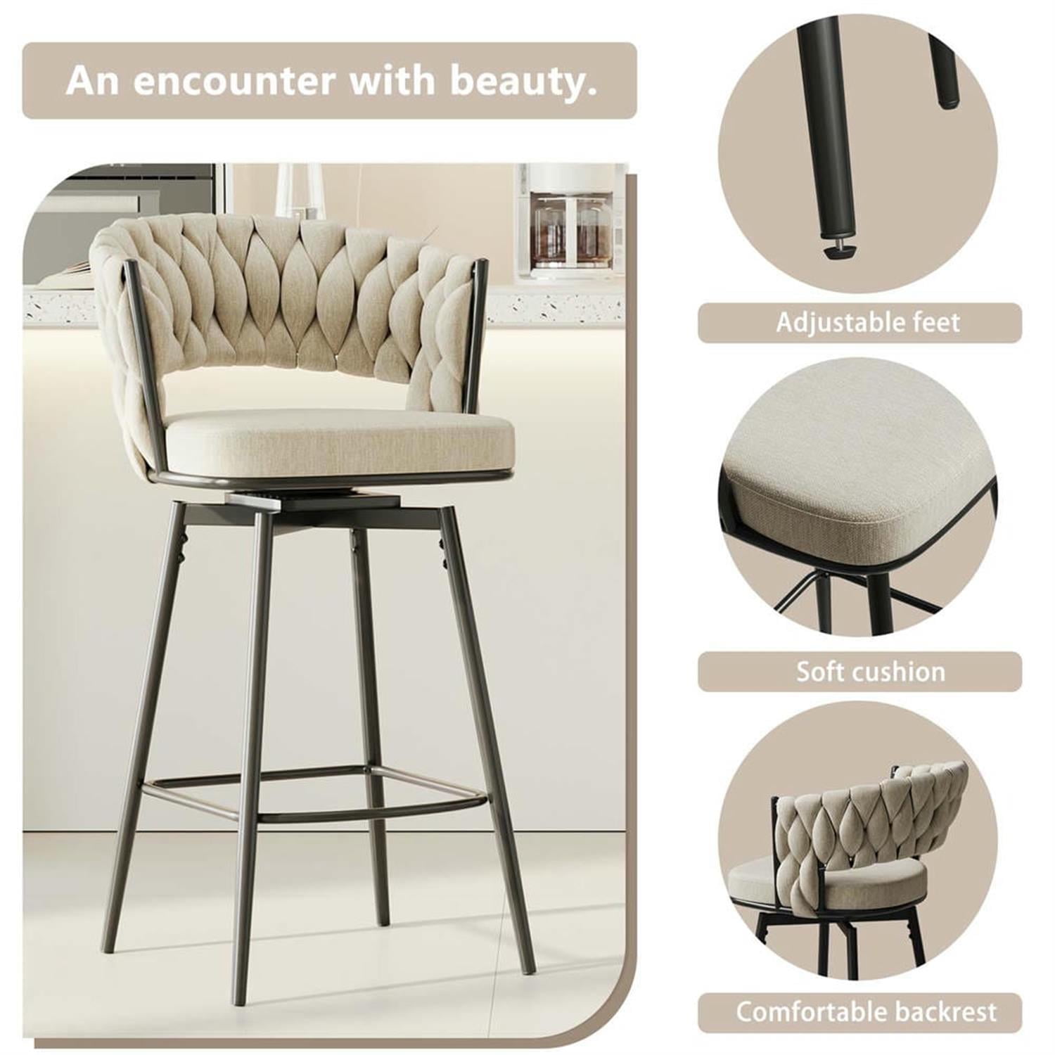 Demi Bonn 35" Counter Height Bar Stools Set of 2, Swivel Barstools with Soft Cushioned Back, Kitchen Island Countertop Chairs for Dining Room, Beige