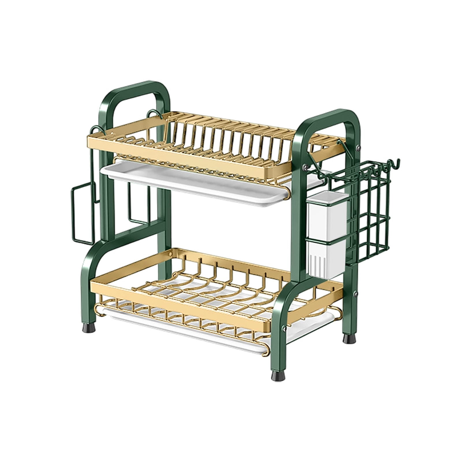 Bxaolu 2-Tier Dish Drying Rack - Stainless Steel Dish Rack with Cutlery & Utensil Holders for Kitchen Countertop, Sink Organization and Storage Essentials, Home Decor, Green