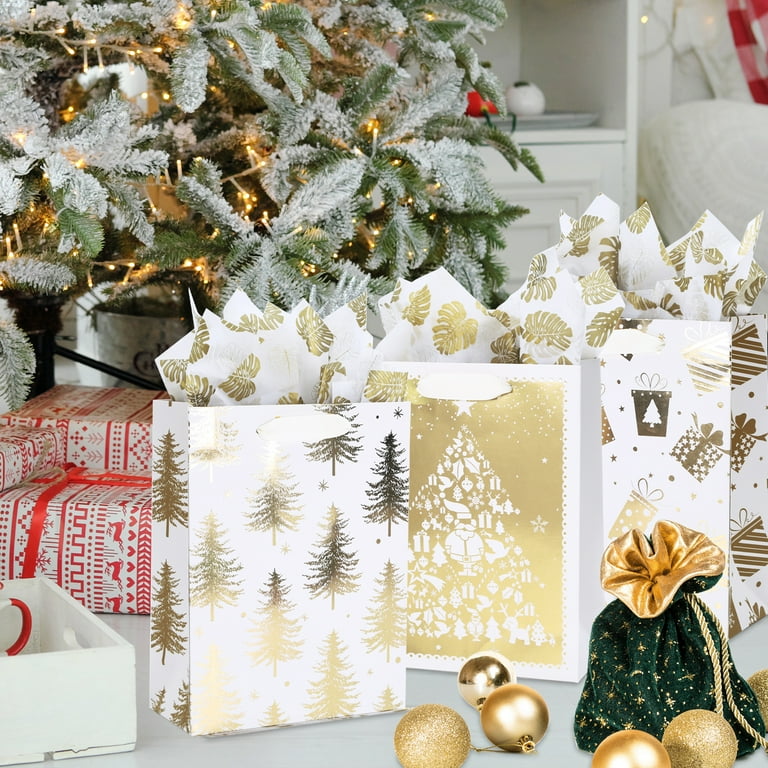 12 Pack Large Paper Fair Gold White Christmas Gift Bags 9x7 In Medium for Holidays and New Year Parties Walmart