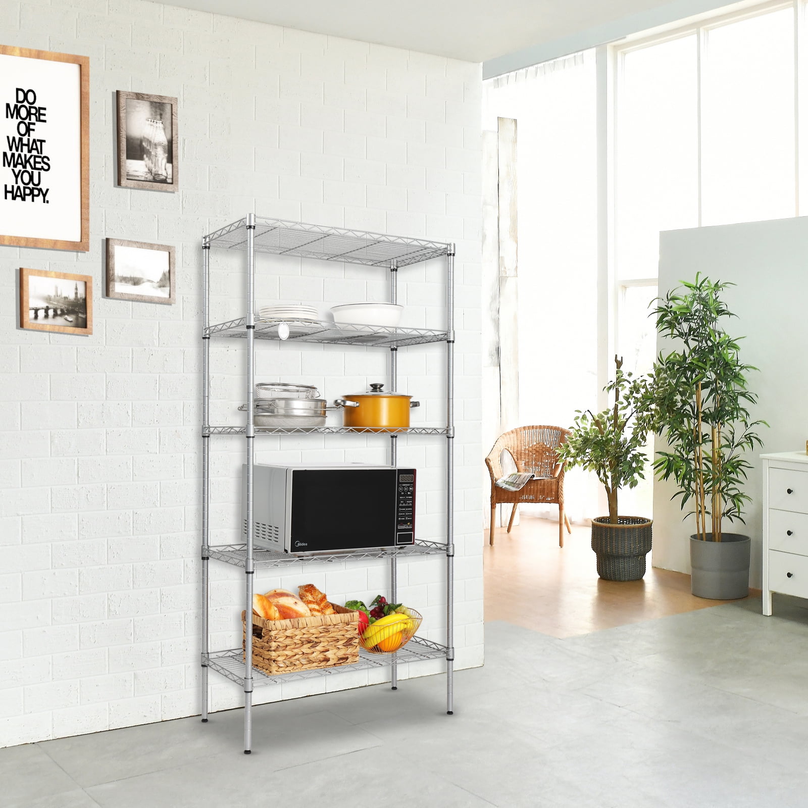 5 Shelf Storage Rack Rectangle Carbon Steel Metal Assembly, Silver Gray