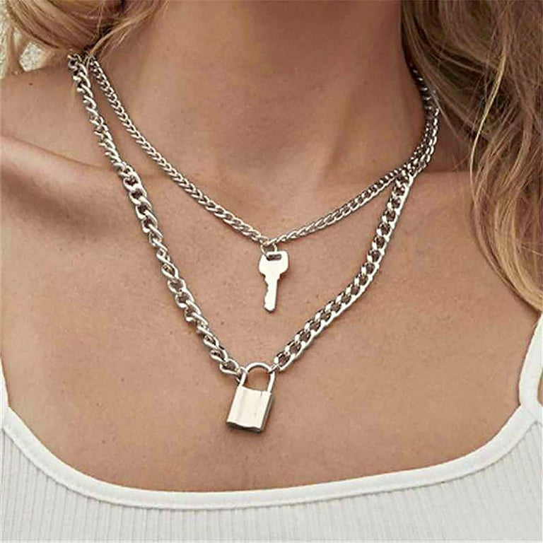 Silver Heart Lock Gothic Necklace Pendant Real Lock with Key