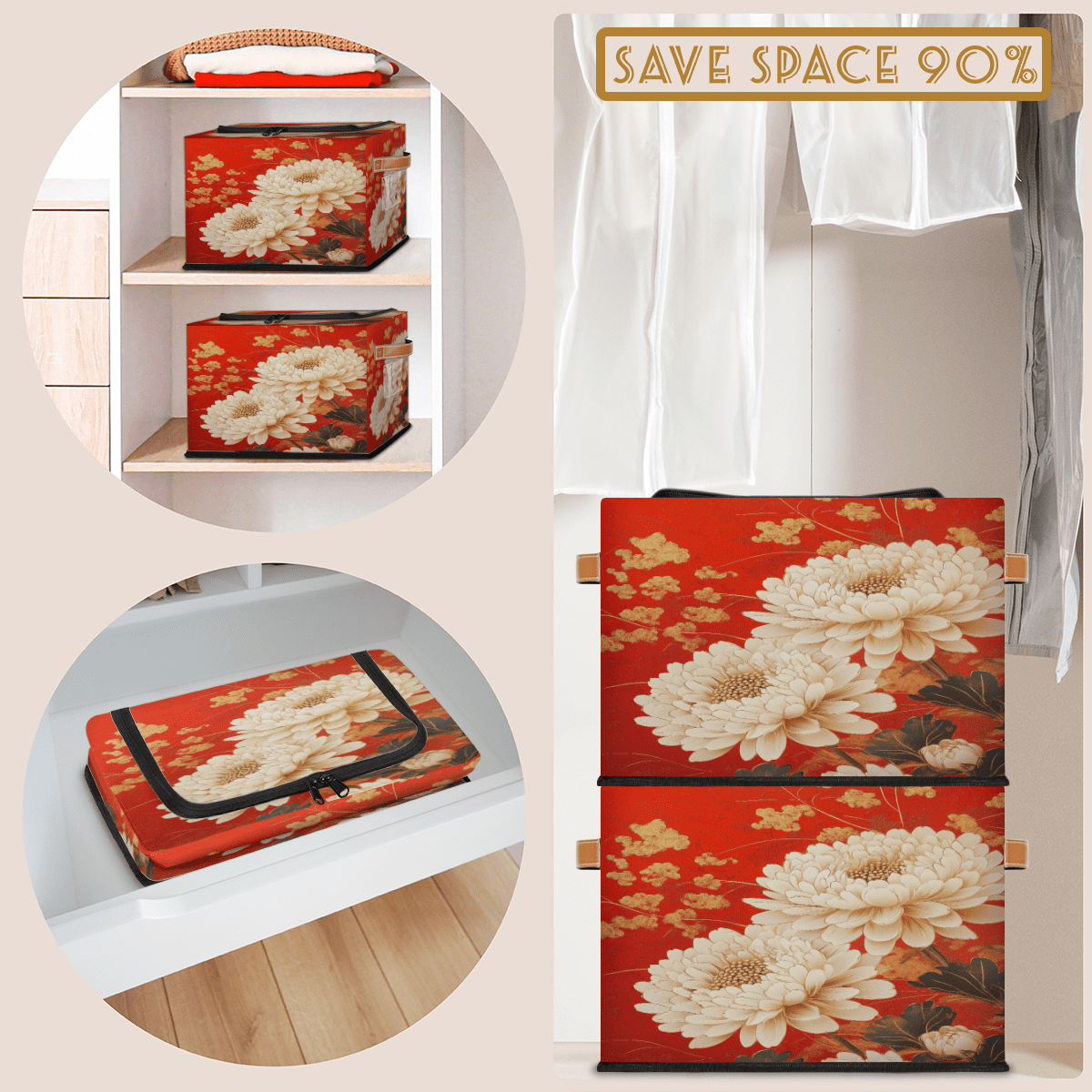 ADECORIVY Flowers Chrysanthemum Fabric Storage Bin with Lid, Decorative Closet Shelf Organizers, Floral Foldable Basket Box Clothes Storage Bin with Handles