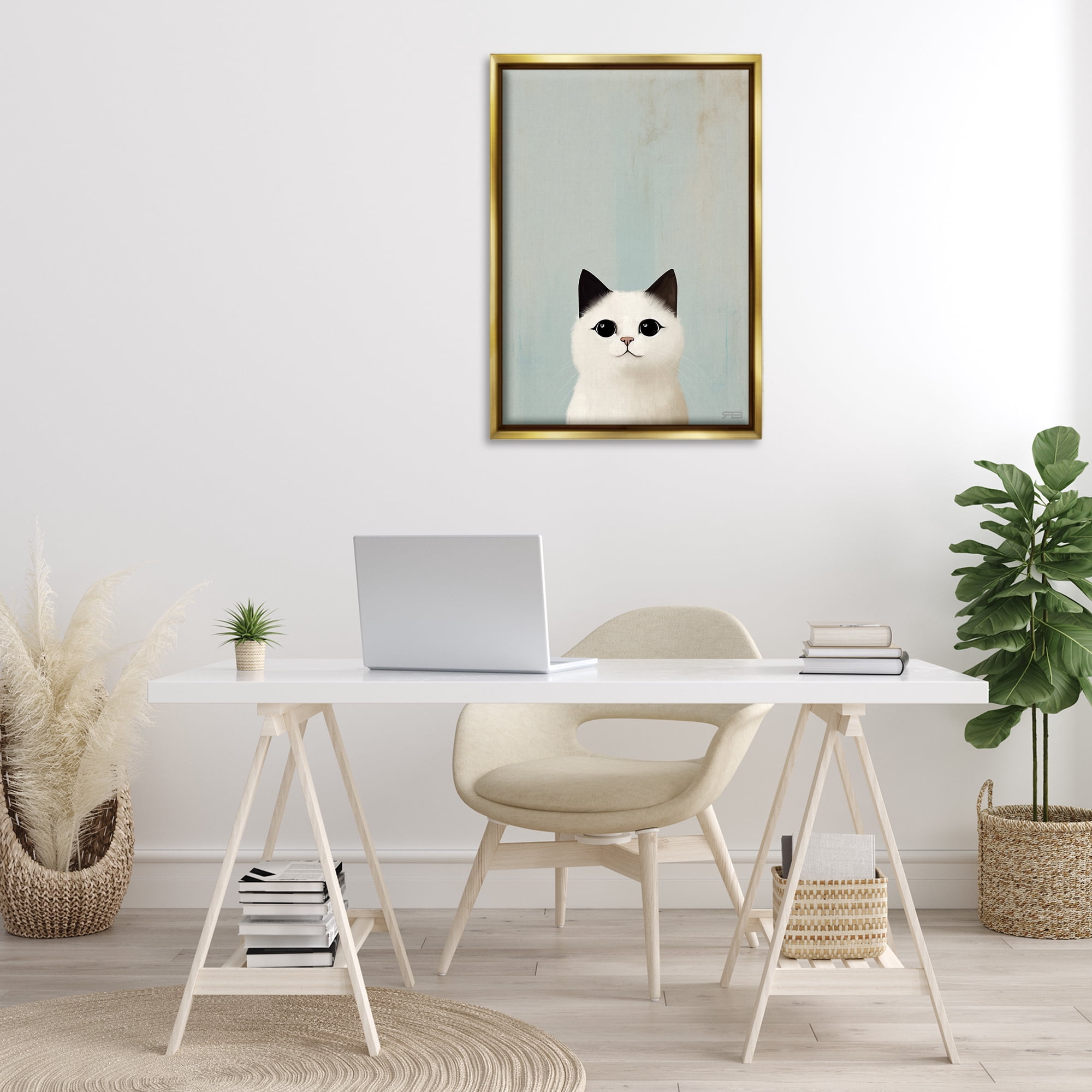 Stupell Industries Peeking White Kitten Animals & Insects Painting Gold Floater Framed Canvas Art Print Wall Art, 21 x 31